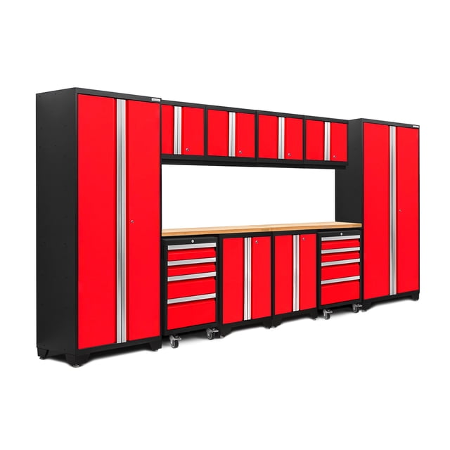 NewAge Products Bold Series 12-Piece Cabinet Set designed for garage storage and organization. Made from heavy-duty 24-gauge steel with vibrant red doors, aluminum handles, and lockable features for secure storage. Includes 2 multi-use lockers, 4 wall cabinets, 2 base cabinets, 2 rolling tool cabinets, and two 48-inch bamboo worktops. Adjustable legs accommodate uneven floors, and full-extension drawers and shelves provide customizable storage. Dimensions: 156 in. W x 18 in. D x 72 in. H, height adjustable up to 76.75 in. H.