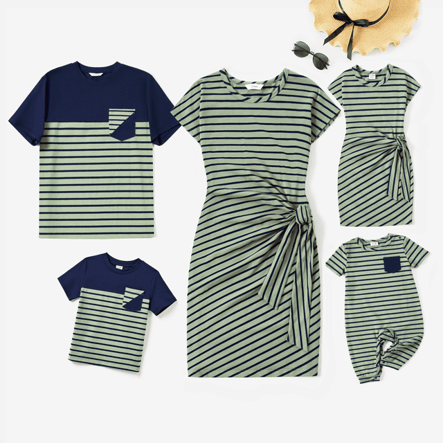 PatPat Ensembles Assortis pour la Famille : T-Shirt à Rayures Colorblock et Robe Trapèze à Liens Latéraux