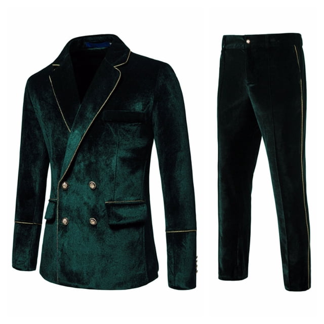 TIMIFIS Mens Suits 2 Piece Slim Fit Casual One Button Solid Suits for Mens Business Wedding Party Jacket Blazer & Pants Set. This green velvet suit with gold trim accents includes a double-breasted blazer with notch lapels and matching tailored pants. Ideal for men's formalwear, business attire, weddings, or evening events.
