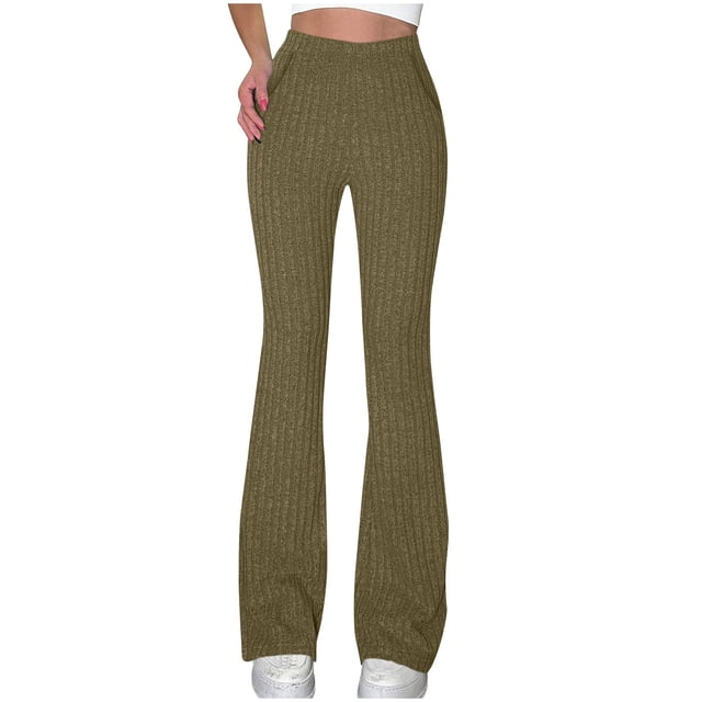 SHTXOZHI Women's High Waisted Flare Pants Knitted Bell Bottom Casual Trousers with Pockets