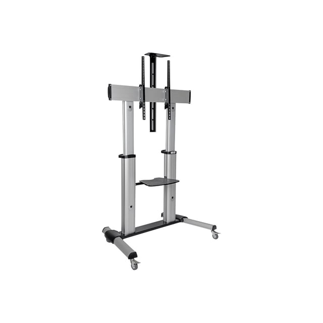Eaton Tripp Lite Series Meuble Télé Roulant Robuste en Noir et Argent, Conçu pour des Écrans Plats de 60 à 100 Pouces, des Tableaux Blancs Interactifs et des Équipements AV. Doté d'Un Cadre en Aluminium et en Acier à Hauteur Réglable, de Roulettes Pivotantes Verrouillables et de Deux Tablettes Ajustables pour Périphériques comme les Caméras Web et les Ordinateurs Portables.
