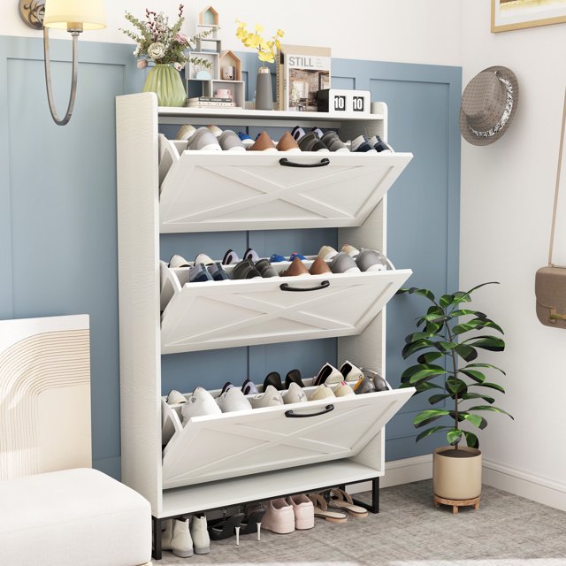 Vabches Shoe Storage Cabinet with 3 Flip Drawers & Metal Legs for Entryway, Narrow Shoe Rack Cabinet, White