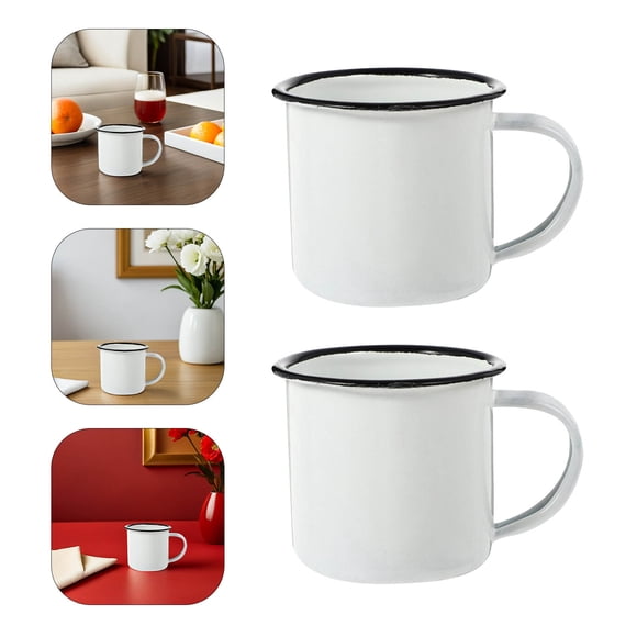 SHINYPASING 2Pcs Portable White Enamel Coffee Cups with Iron Interior and Handle for Indoor and Camping