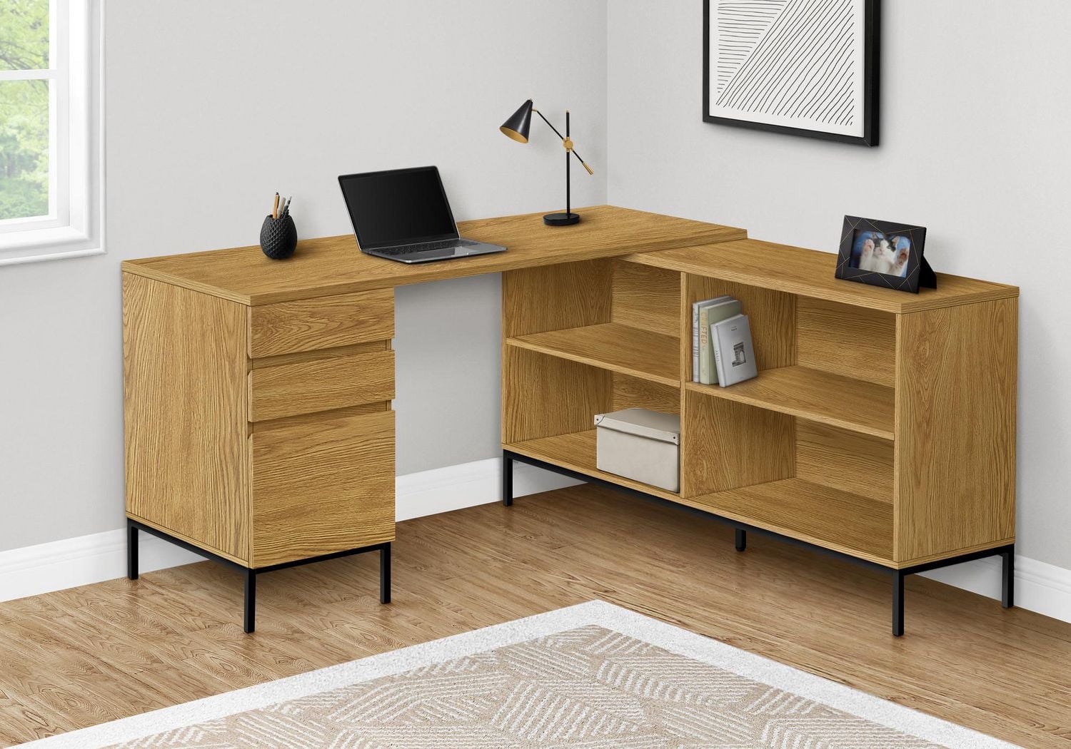 Monarch Specialties Bureau, Bureau À Domicile, Coin, Tiroirs De Rangement, 60"l, Forme De L, Travail, Ordinateur Portable, Métal, Stratifié, Brun, Noir, Contemporain, Moderne