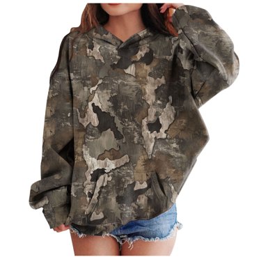 Mepaouo Chandail à Capuchon Camouflage pour Enfants Feuille d'Érable Surdimensionné Chandail à Capuche pour Filles Chandail Décontracté avec Poche Café 4-5 Ans