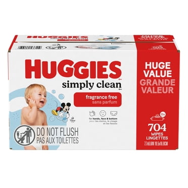 Lingettes pour bébés Huggies Simply Clean, NON PARFUMÉES, 11 emballages à couvercle rabattable, total de 704 lingettes