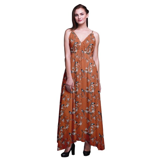Bimba Bird Ladies Printed Resort Maxi DrawstringDressSpaghetti Strap Beach Wear-X-Small