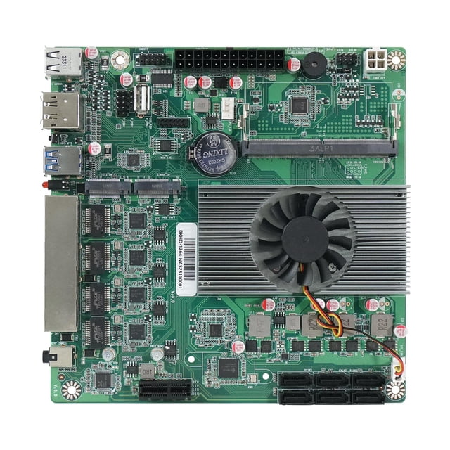 SZ SZBOX Mini Carte Mère ITX avec Processeur Intel N100, Dotée d'Un design compact de Carte PCB 170x170 mm. Comprend 1 Emplacement Mémoire DDR5 Prenant en Charge jusqu'à 16 Go de RAM, 6 interfaces SATA 3.0 et 2 Emplacements NVMe M.2 pour un Stockage Haute Vitesse. Équipée de 4 ports Ethernet Intel I226 2.5G, 2 USB 3.0, 2 USB 2.0, HDMI et Sorties d'Affichage DP. Comprend un Emplacement PCIe pour