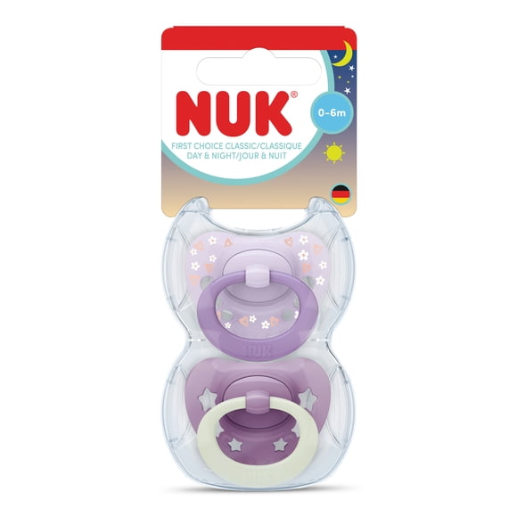 NUK First Choice Classic Night Baby Pacifiers, 0-6 Months, Orthodontic Pacifiers that Glow in the Dark, 95% Baby Acceptance**, Purple, 2 Count