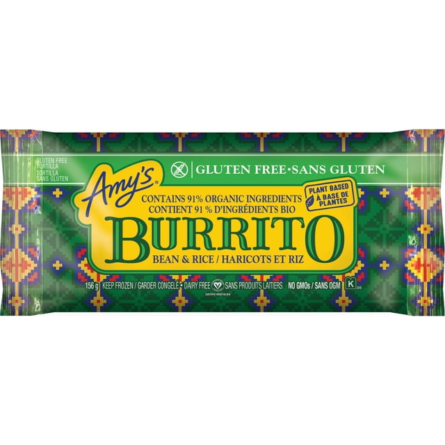Amy's Kitchen Gluten Free Bean & Rice Burrito package with green and yellow label on a colorful geometric patterned background, containing 91% organic ingredients, plant-based, dairy free, no GMOs, kosher certified, 156g frozen burrito suitable for vegan diets.