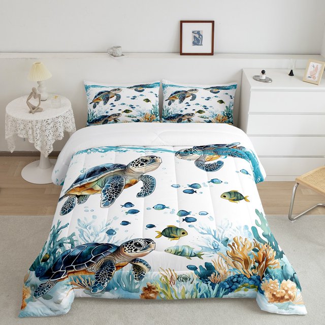 Erosebridal 3D Sea Turtle Bedding Twin Comforter Set, Cute Ocean Fish Down Comforter, Funny Sealife Decor, Reversible 2pcs