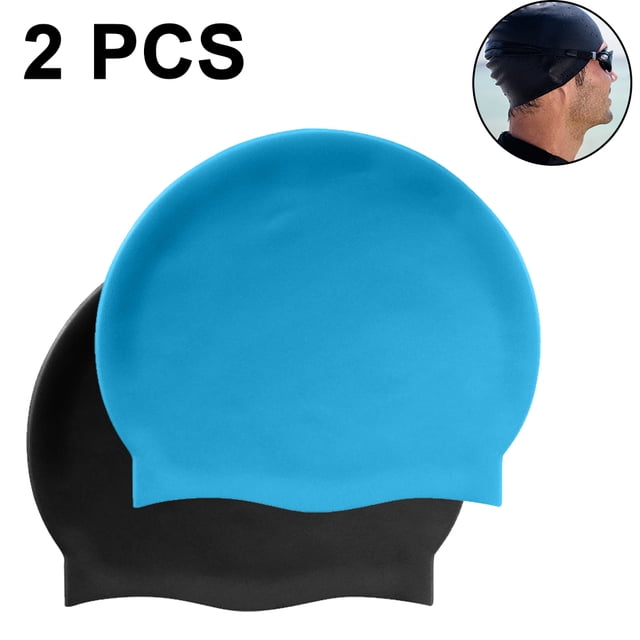 Bonnet de Bain pour Femmes - Bonnet de Bain Turban Doublé en Latex de Polyester, Présentant Deux Bonnets de Bain en silicone Bleu et Noir. Idéal pour Cheveux Moyens Ou Longs, Ces Bonnets Offrent un design Hydrodynamique Infroissable avec Poches Ergonomiques pour les Oreilles pour le Confort et une Résistance à l'Eau Réduite. Fait Partie de l'Équipement de Natation pour Adultes, Convient aux Personnes Ayant des allergies au Latex.