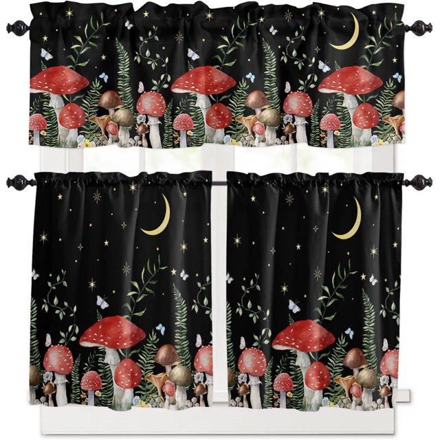 Mushroom Kitchen Curtains, 36 Inch Length, Spring Floral Rod Pocket Tier and Valances Set, Summer Botanical Night Moon Sky Black Farmhouse Window Curtains for Bedroom/Living Room