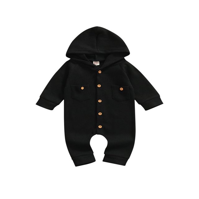 Infant Baby Girls Boys Solid Color Romper Long Sleeve Hooded Jumpsuit with Pockets for Spring Fall