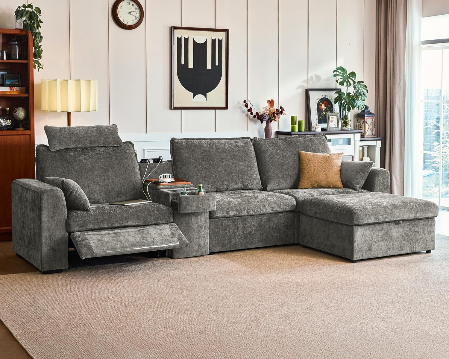 BEDEEP Canapé Inclinable Électrique 139 Pieds' avec Console d'Appui-tête, Canapé Sectionnel en Chenille Moduar Cloud avec Rangement Ottoman Chaise Longue, Canapé Convertible 4 Places pour Salon RV, Gris