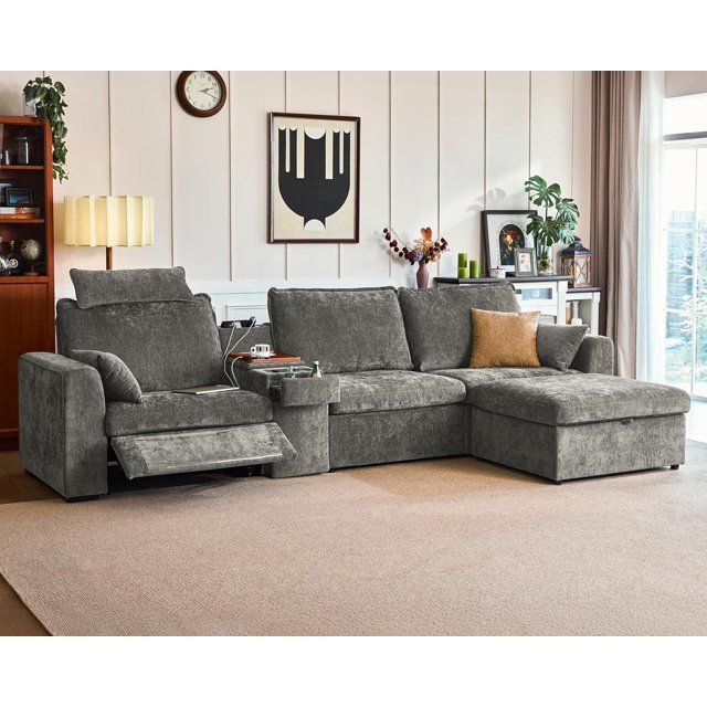 BEDEEP Canapé Inclinable Électrique 139 Pieds' avec Console d'Appui-tête, Canapé Sectionnel en Chenille Moduar Cloud avec Rangement Ottoman Chaise Longue, Canapé Convertible 4 Places pour Salon RV, Gris