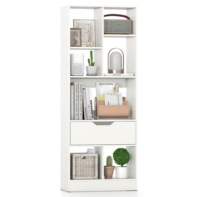 Costway 1 PCS 51" Tall Bookcase with Drawer 7 Open Cubes Anti-toppling Kits for Study Home Office White