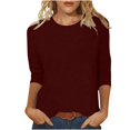 thumbnail image 2 of CHUANK T-Shirt Ajusté à Col Rond Mignon pour Femmes, Décontracté, Mi-Long, Manches 3/4, Blouse Extensible, Basique, Uni, Hauts, 2 of 5