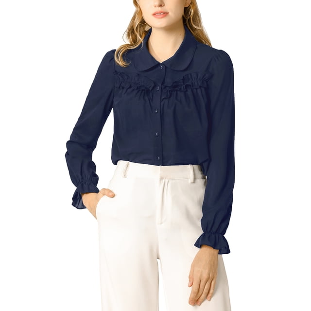 INSPIRE CHIC Women's Button Down Long Sleeve Cuff Ruffle Detail Blouse Shirt Tops