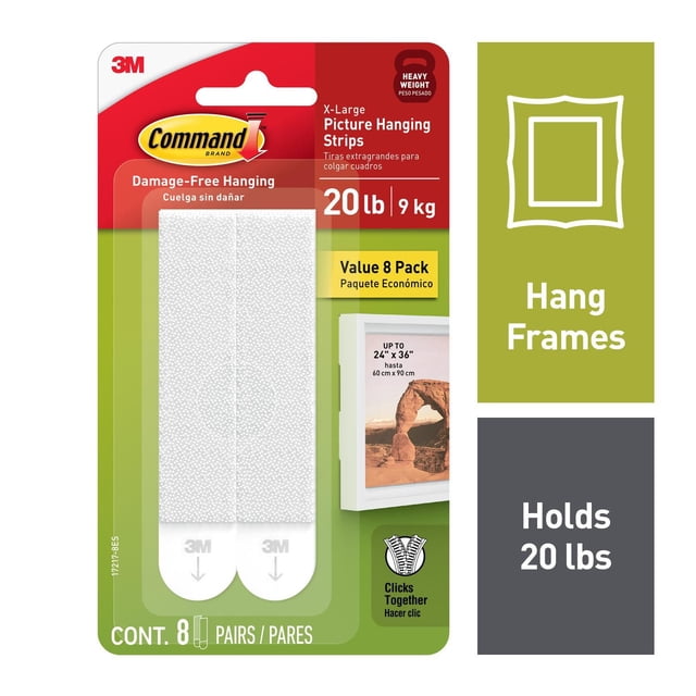 Command Bandes de Suspension pour Photos, 17217-8EF, Bandes Adhésives Blanches Très Grandes en Lot de 8 Paires pour une Suspension Sans Dommages. Supporte jusqu'à 20 Lb (9 kg) et Convient aux Cadres jusqu'à 24 par 36 Pouces (60 par 90 cm). Offre une Conception à Clic Facile et Fonctionne sur Diverses surfaces Sans Clous Ni Outils.