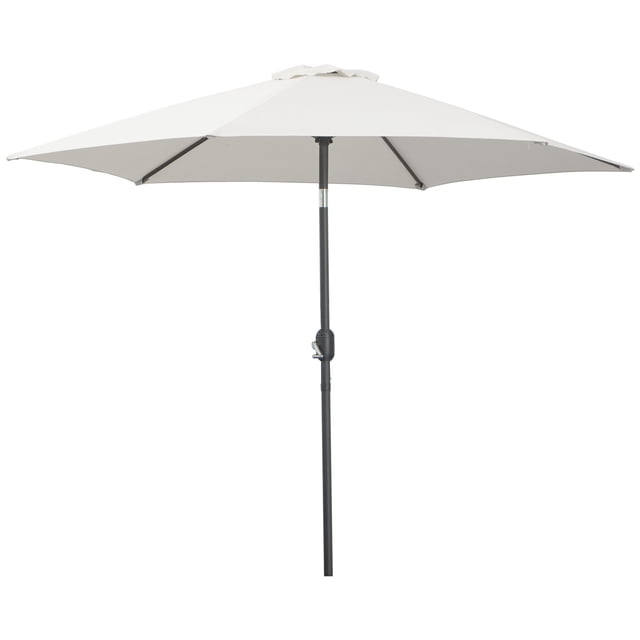 Outsunny 8.5' Round Aluminum Patio Umbrella in cream white, featuring a UV-resistant polyester canopy supported by a rust-resistant aluminum pole with a 1.5-inch diameter. The umbrella includes a crank handle for easy opening and closing, as well as a tilt function with a push button for adjustable shading. Designed for outdoor use in gardens, patios, or beaches, it provides shade and protection from light rain. Umbrella base not included.