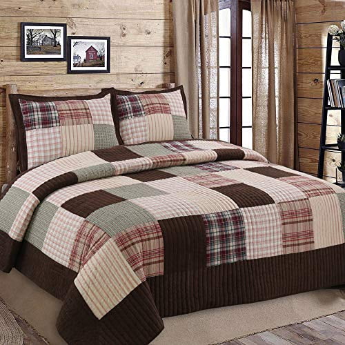 Cozy Line Home Fashions Brody Farmhouse Chocolate Plaid Striped Real Patchwork Reversible Quilt Bedding Set, Coverlet Bedspread (Brown Grid, King - 3 Piece)