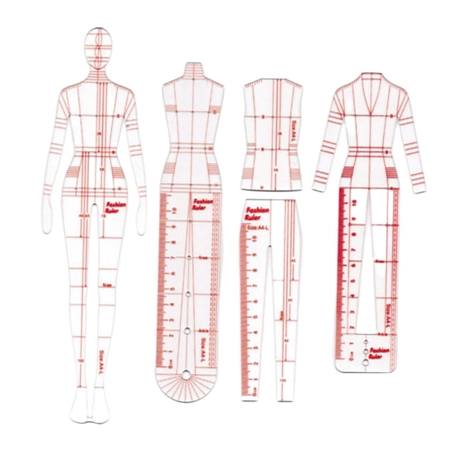 Ensemble de 4 Modèles de Règles de Mode Femme Couture Croquis Gabarit Dessin Esquisse B Comprenant Quatre Gabarits Transparents avec Marquages Rouges pour une Conception Précise des Vêtements. Comprend des Gabarits de Forme Humaine et des Règles de Dessin pour le Contrôle des Proportions, la Symétrie et la Précision dans les illustrations de Mode. Outils de Mesure Idéaux pour Concepteurs, Maquettistes et Tailleurs.