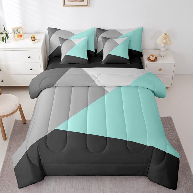 YST Patchwork Teal Triangle 7-Piece Comforter Set, King, Modern Abstract Geometry