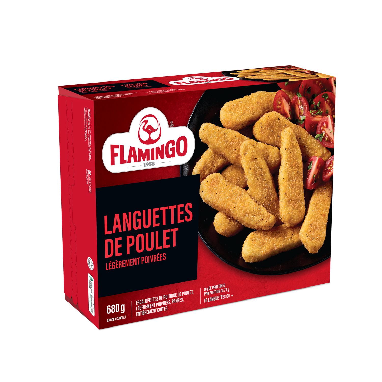 Lanières de poulet légèrement poivrées Escalopettes de poulet légèrement poivrées, panées et entièrement cuites