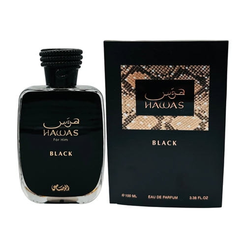 Rasasi Hawas Black EDP For Him 100 ml / 3.33 Fl. oz. men's fragrance bottle displayed alongside its packaging. The bottle features a sleek black design with silver accents and Arabic text, while the box showcases a textured black and gold pattern, emphasizing elegance and sophistication.