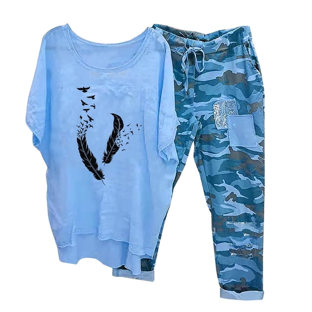 Mikilon Ensemble de Détente Confortable pour Femmes, Tenue d'Intérieur 2 Pcs, Ensemble de Détente Imprimé, Haut à Manches Mi-Longues à Col Rond + Pantalon, Bleu-C S