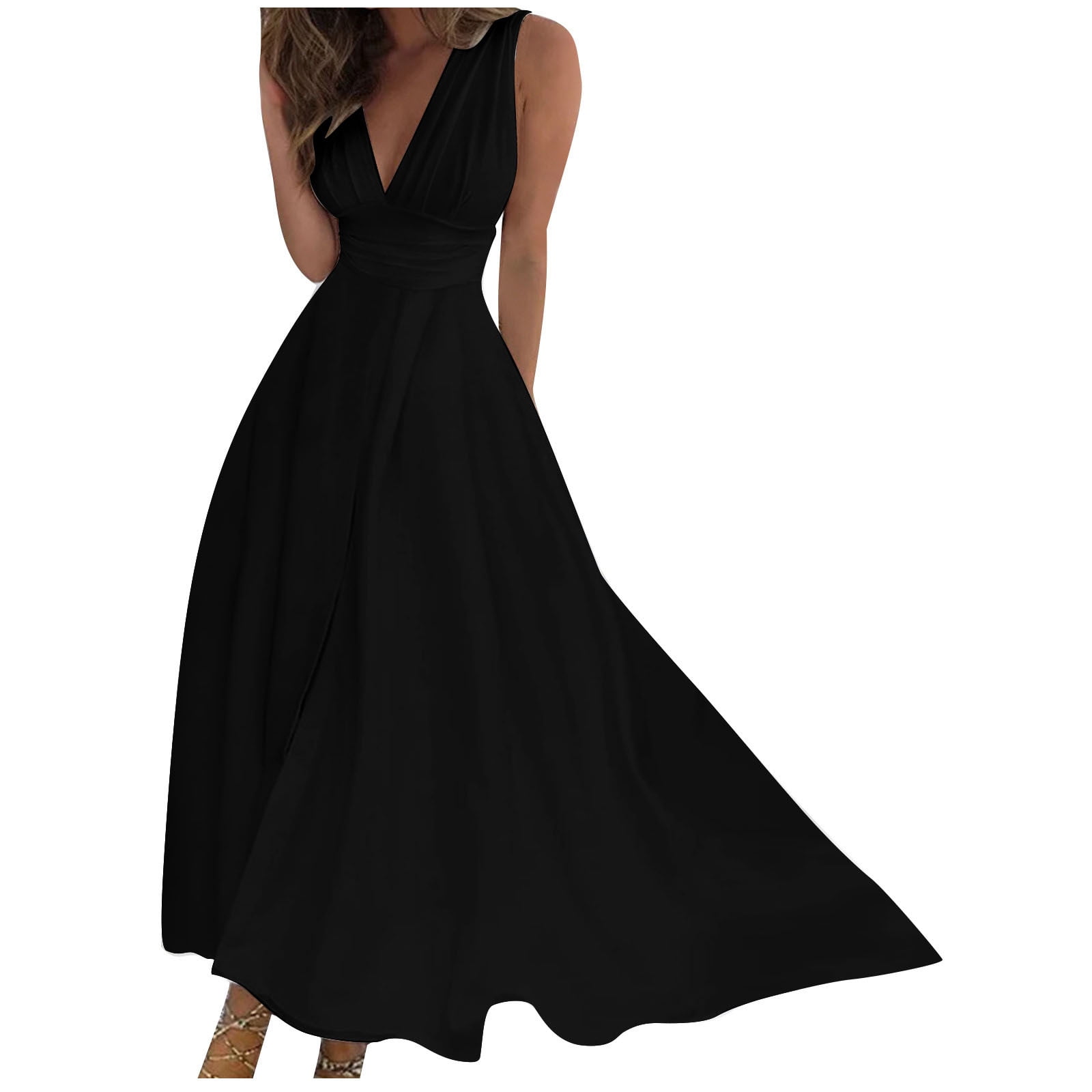 AherBiu Formal Dresses for Women Sleeveless Deep V Neck Ruched Flowy Evening Party Cocktail Maxi Dress