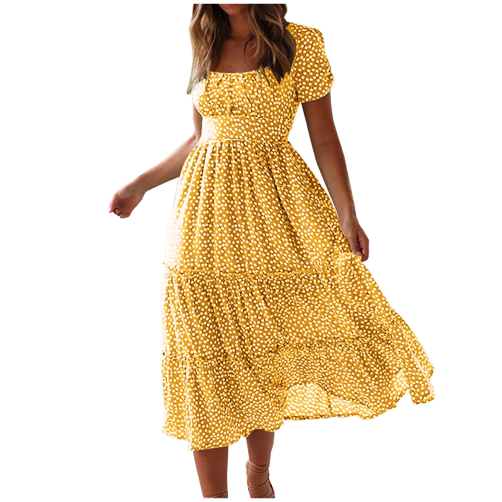 Robes d'Été Décontractées pour Femmes à Manches Courtes, Tendance, Imprimées, Robe Midi de Plage à Encolure Carrée, Plissée, Évasée, Boho, Robe Soleil