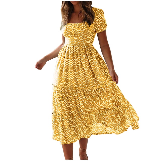 Robes d'Été Décontractées pour Femmes à Manches Courtes, Robe Midi de Plage Tendance à Imprimé avec Encolure Carrée, design Plissé Évasé et style boho de Robe Soleil. la Robe Jaune à Pois Blancs Est Idéale pour les Sorties Décontractées, les Tenues de Plage Ou les Événements d'Été, Fabriquée en Tissu Doux, Extensible et à Séchage Rapide pour le Confort et la Respirabilité.