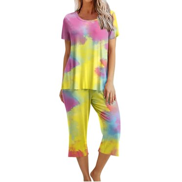 EGNMCR Ensemble 2 Pcs pour Femmes en Coton et Lin Ensembles de Pyjama Imprimé Floral Décontracté T-Shirts à Manches Courtes Amples Pantalons Capri avec Poches Ensemble de Détente d'Été pour Femmes