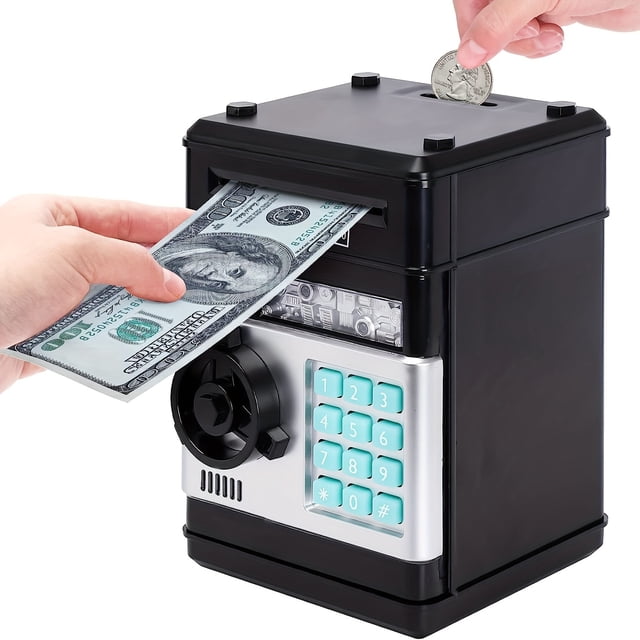 EASTIN Digital Piggy Bank ATM Machine for Kids Electronic Money Saving Bank with Password Lock Automatic Paper Currency and Coin Storage Box Black Plastic Toy Bank