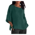 thumbnail image 3 of Chemises à Manches 3/4 pour Femmes, Mode Femmes Nouveau Style Chemises en Coton et Lin de Couleur Unie Coupe Ample Blouses à Col Rond Hauts Décontractés d'Été pour Dames, 3 of 6