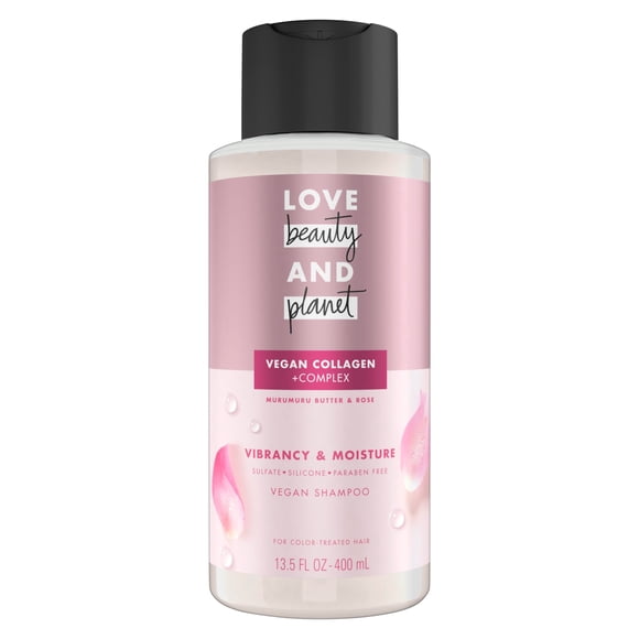 Love Beauty and Planet Vegan Collagen Moisture Shampoo Murumuru Butter & Rose Pack of 4 for Color-Treated Hair Vibrancy, 13.5 oz