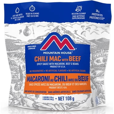 Mountain House Mac au Chili avec Pochette de Bœuf / Aliments Lyophilisés pour Sac à Dos et Camping / Aliments de Survie et d'Urgence / Entrée Meal / Facile à Préparer / Délicieux et Nutritif / Pochette Unique