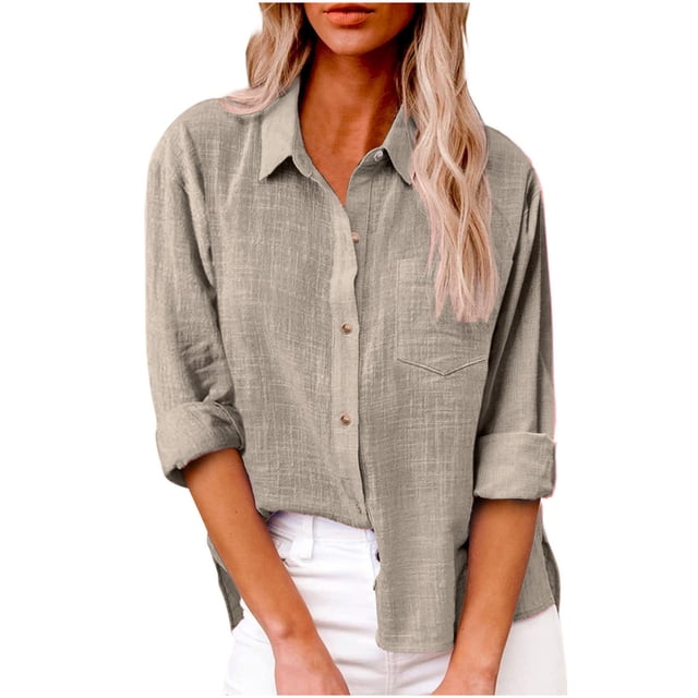 Timegard Chemises à Manches Longues pour Femmes Grande Taille en Coton et Lin Hauts Légers Automne Décontracté Blouse Ample
