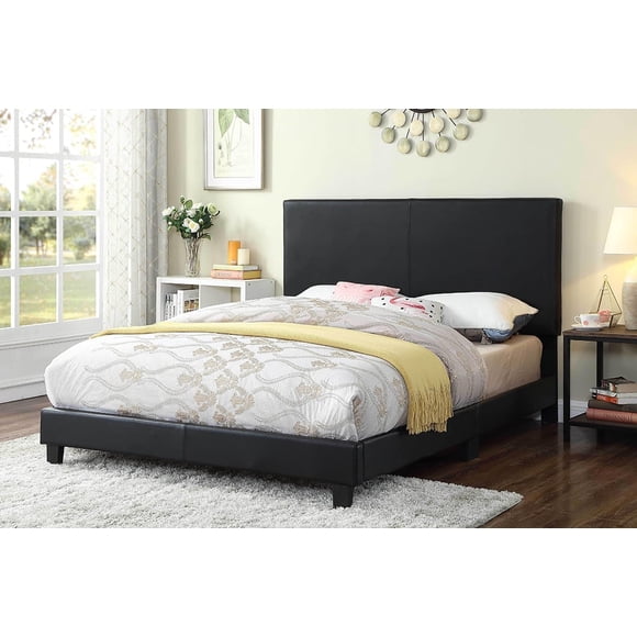 Karyn Modern Upholstered Platform Bed with Adjustable Headboard, Faux Leather, Black, Double