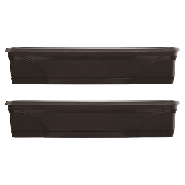 Southern Patio 36 Inch Medallion Hanging Windowsill Garden Box Planter (2 Pack). Each black planter box is made of weather-resistant UV-protected resin, featuring a simple design with drainage holes for excess water. Perfect for creating a garden in window spaces.
