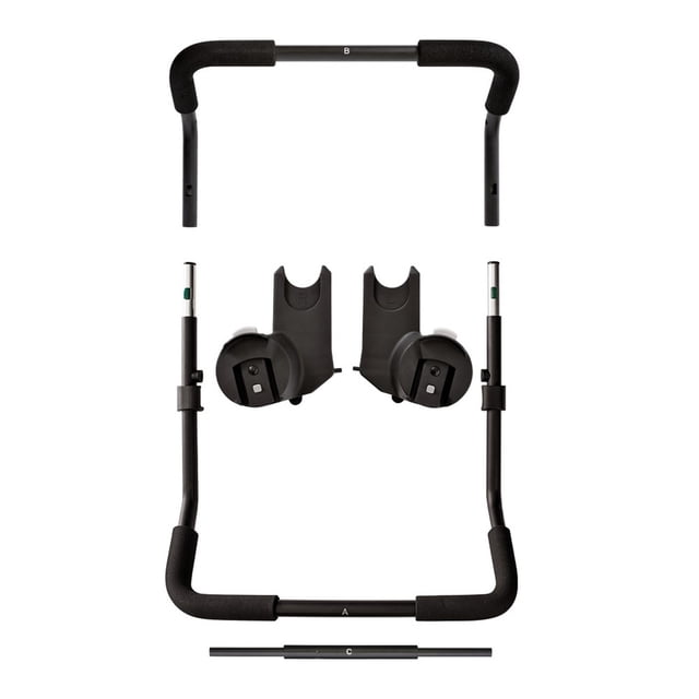 Baby Jogger Chicco and Peg Perego Car Seat Adapter for City Select and City Select LUX Single Strollers (BJ1967361). The adapter features black metal and plastic components, designed to securely connect Chicco and Peg Perego infant car seats to Baby Jogger strollers. Compatible with City Select and City Select LUX models, it allows the stroller to fold with the adapter attached for added convenience.