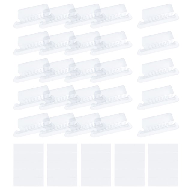 Uxcell Hanging File Folder Tabs, 2-inch clear plastic file folder tabs with paper inserts, shown in a set of 150 pieces. The tabs are crafted from durable PVC material with a unique pit design and angled placement to securely hold the inserts. The image displays multiple clear tabs and blank paper inserts, ideal for organizing and labeling hanging file folders in office or home settings.