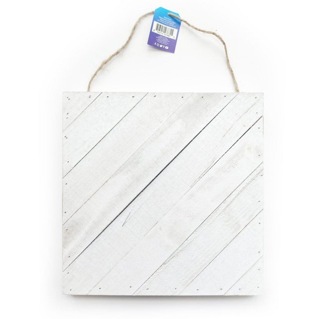North Shore Wood plank 12x12 inches, a square whitewashed wooden craft plank with diagonal slats and natural fiber hanging rope, suitable for painting, wood burning, or farmhouse-style decor projects.