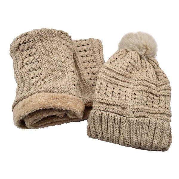 Ensemble Bonnet et Foulard pour Femmes Doublés de Fourrure avec Pompon
