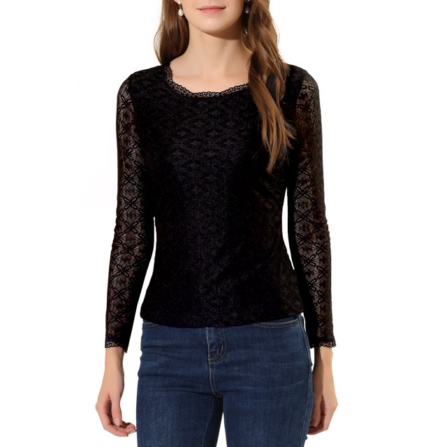 INSPIRE CHIC Blouse en Dentelle Transparente à Broderie Florale pour Femme à Col Rond à Manches Longues TP Noir