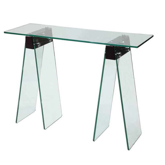 Canadian Console Wills Noyer Foncé avec Dessus en Verre Trempé Transparent et Pattes Inclinées en Verre Reliées par des Blocs d'Articulation en Placage de Bois Noyer Foncé, une Console Grand et Peu Profonde Idéale pour le Salon et l'Exposition d'Articles Décoratifs.