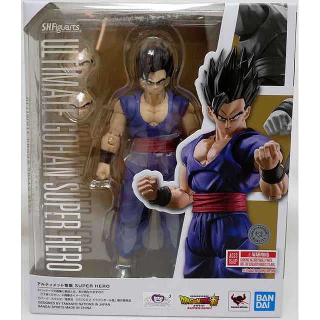 Dragonball Super Super Hero 6 Inch Action Figure S.H. Figuarts - Ultimate Gohan (Reissue) in packaging. The figure depicts Gohan in a purple outfit with a red sash, muscular build, and articulated joints for dynamic posing. Includes optional expressions and hands. Packaging features S.H. Figuarts branding, safety warnings, and manufacturer details from Tamashii Nations. Ideal for Dragonball Super collectors and fans.