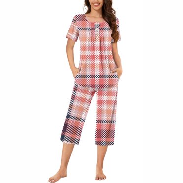 Tnhcen Ensemble de Pyjama d'Été Imprimé 2 Pcs pour Femmes Vêtements de Nuit Doux Ensemble de Détente Manches Courtes avec Poches Vêtements de Maison P-3TG